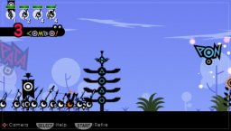 Portraits of the different groups of Patapons on the top-left, below that info about combos. Left right top and bottom show your button presses, infos about control in the black area on the bottom